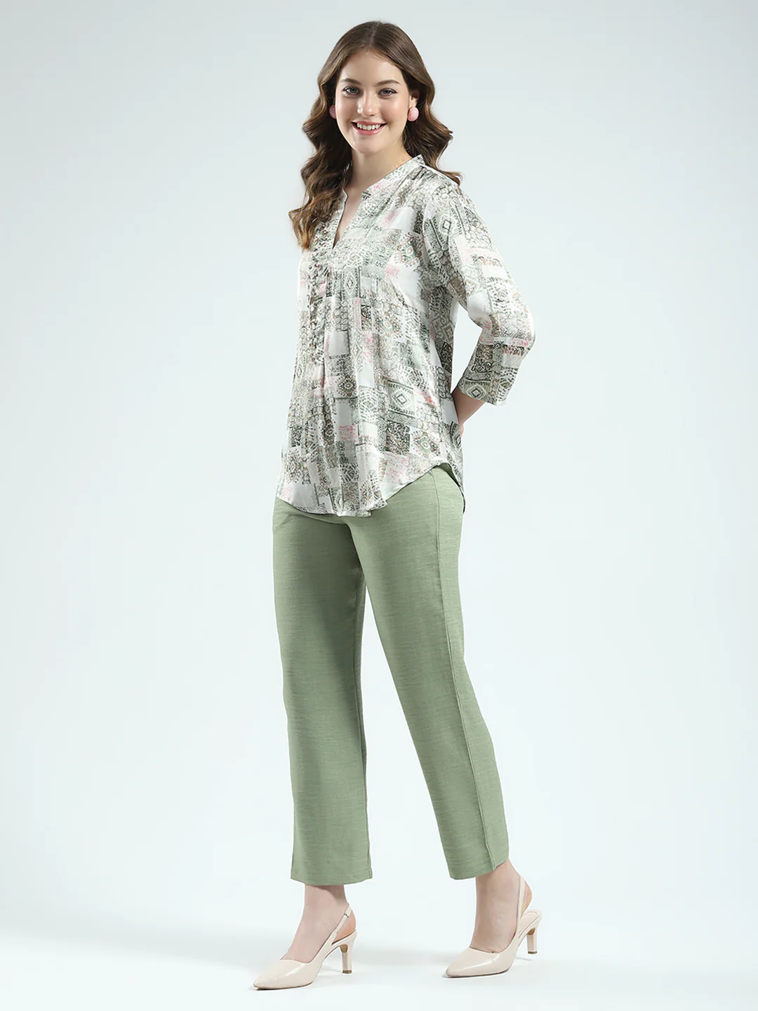 Women Green Printed Round Neck 3/4th Sleeve Cords Set - Image 3
