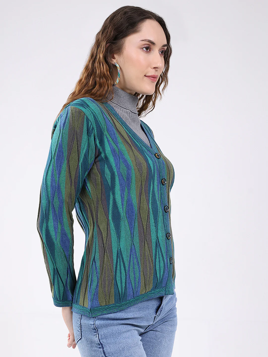 Women Green Printed V Neck Full Sleeve Cardigan - Image 4