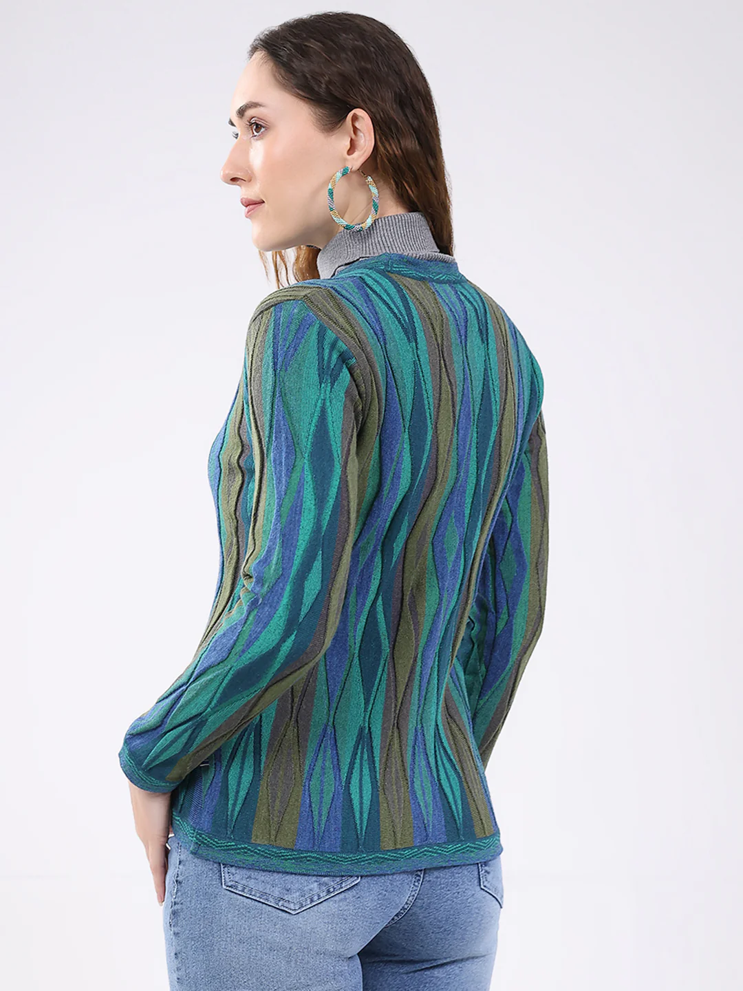 Women Green Printed V Neck Full Sleeve Cardigan - Image 5