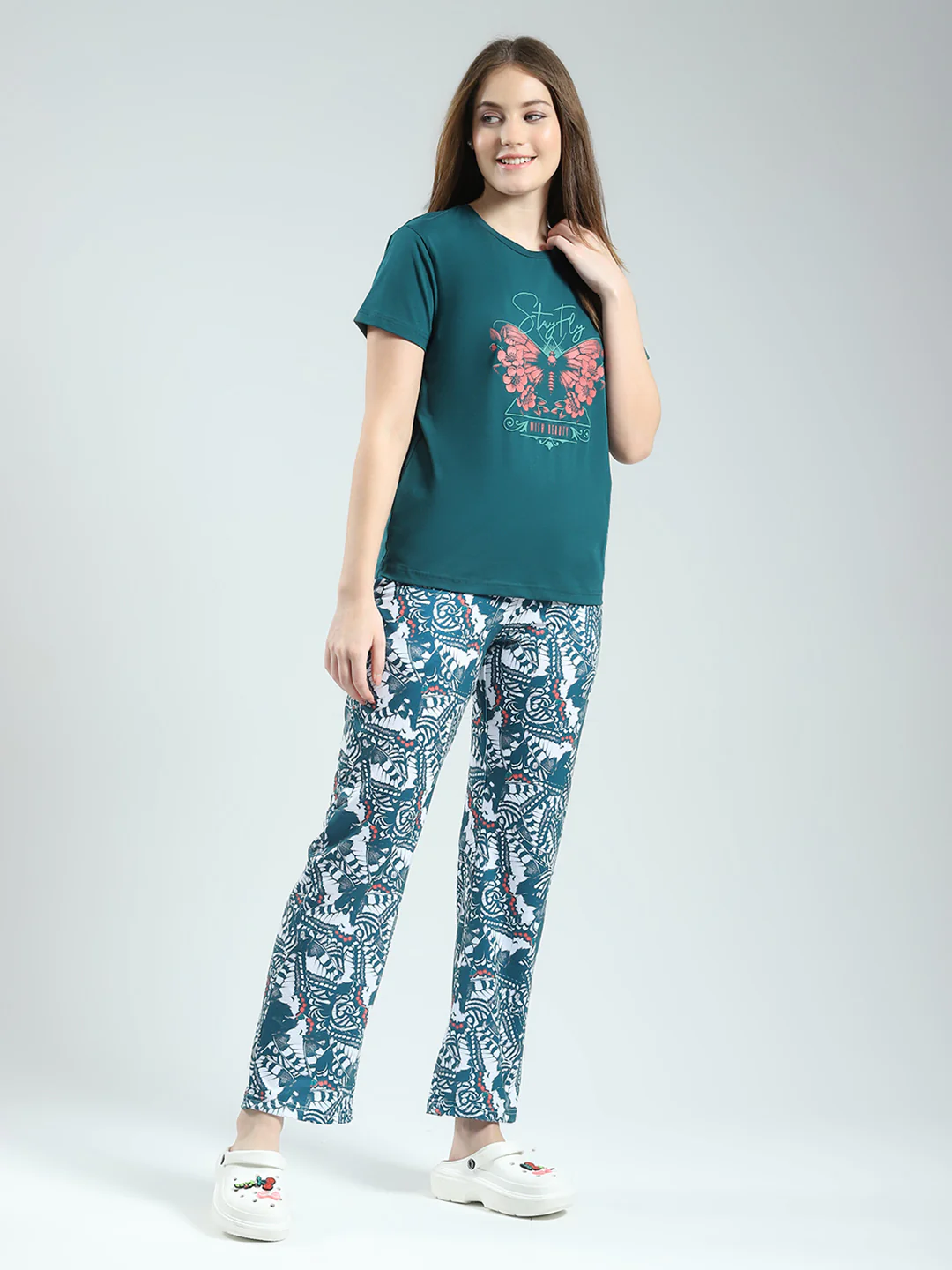 Women Green Printed Round Neck Half Sleeve Lower Set - Image 4