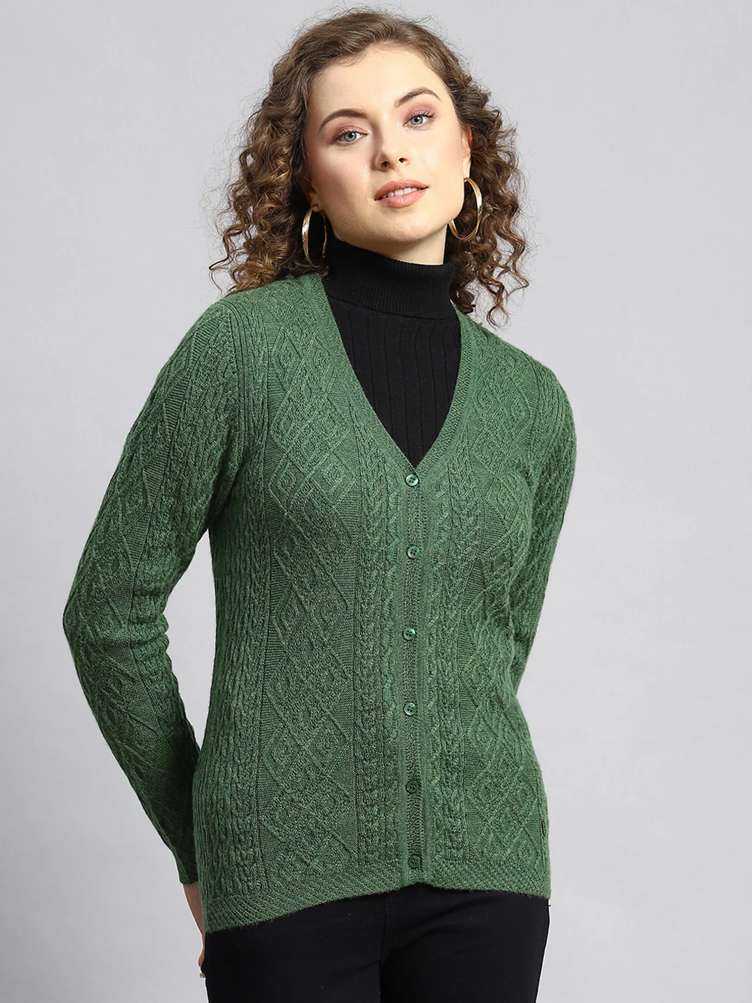 Women Green Self Cardigan - Image 2