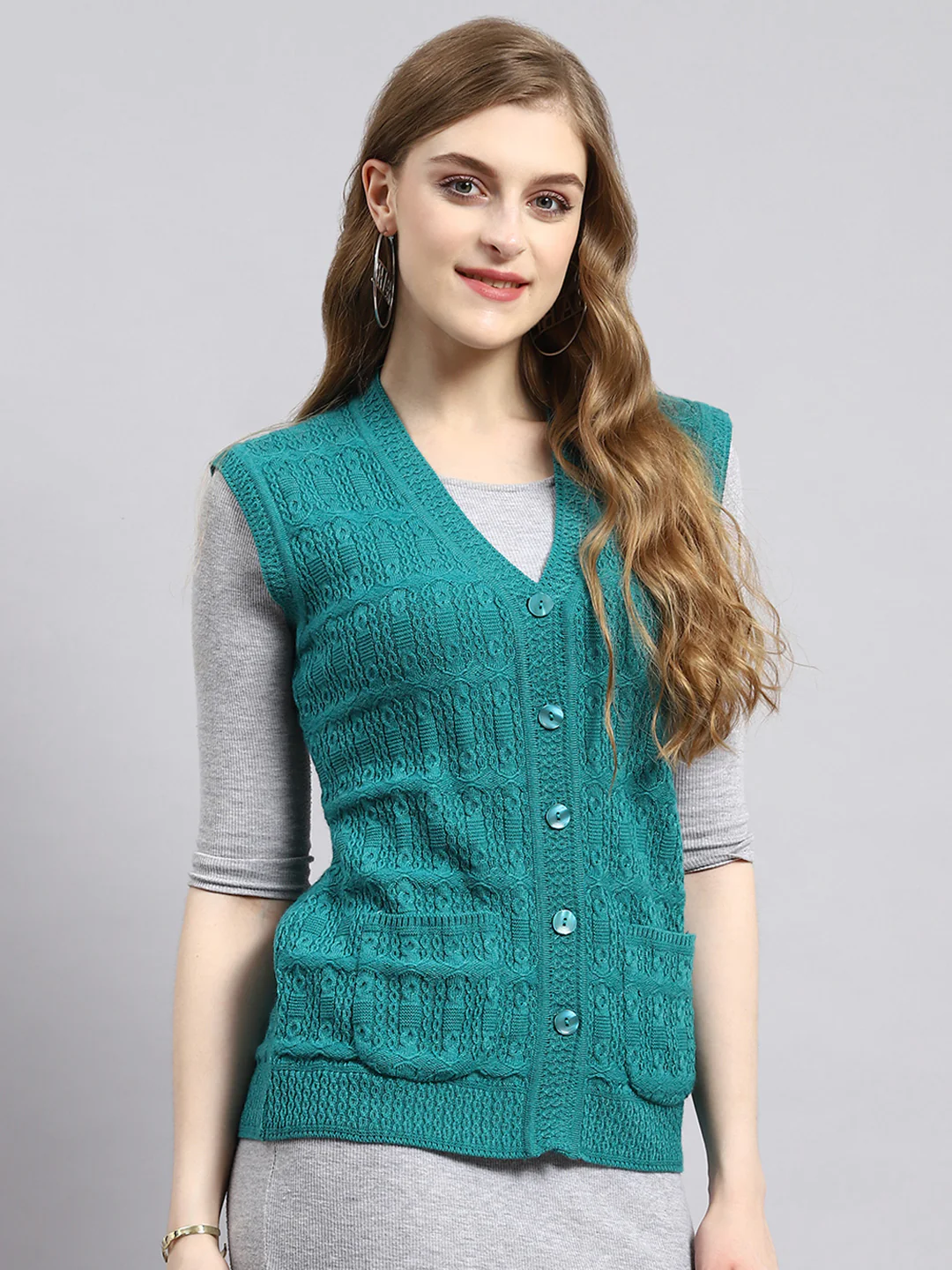 Women Green Self Cardigan - Image 2