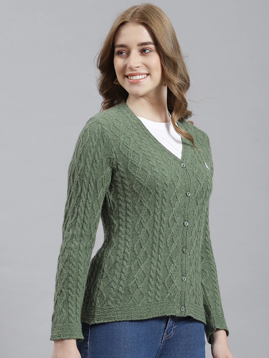 Women Green Self Cardigan - Image 3