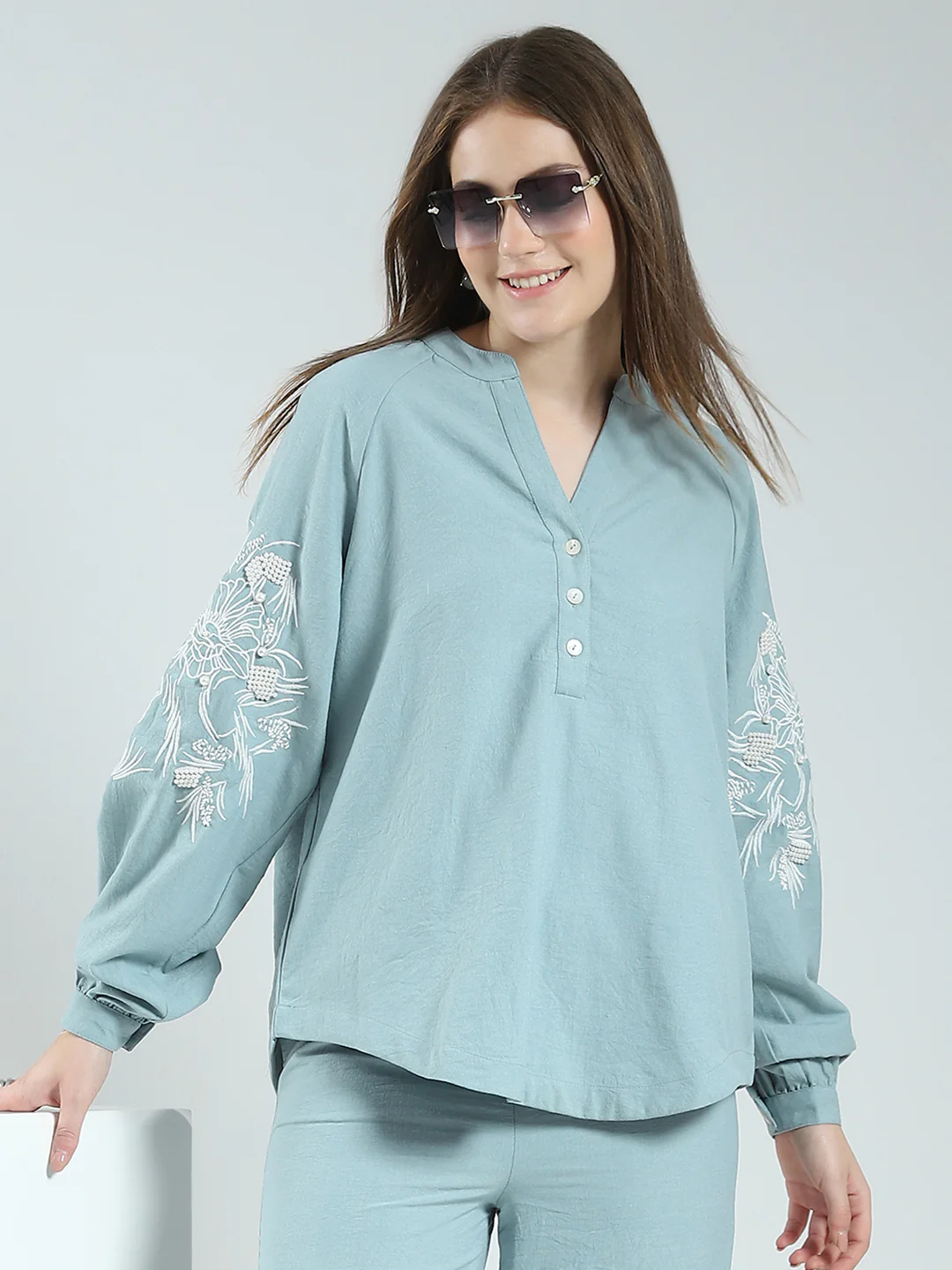 Women Green Self Design Band Neck Full Sleeve Cords Set - Image 2
