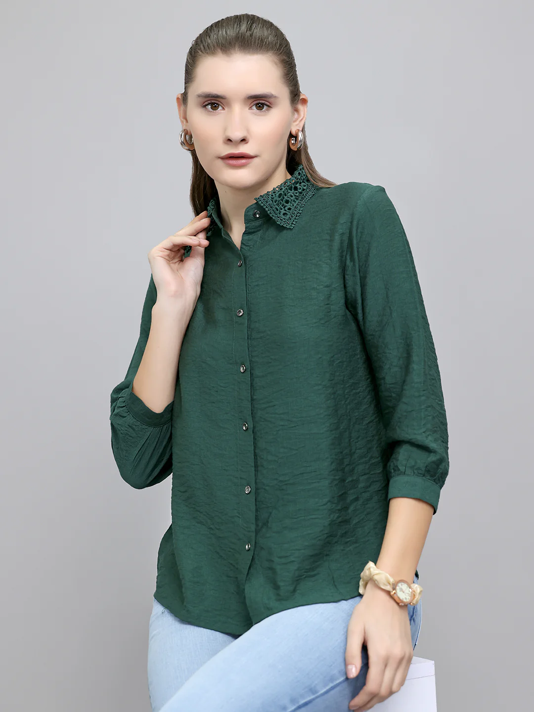 Women Green Self Design Collar Full Sleeve Top - Image 7
