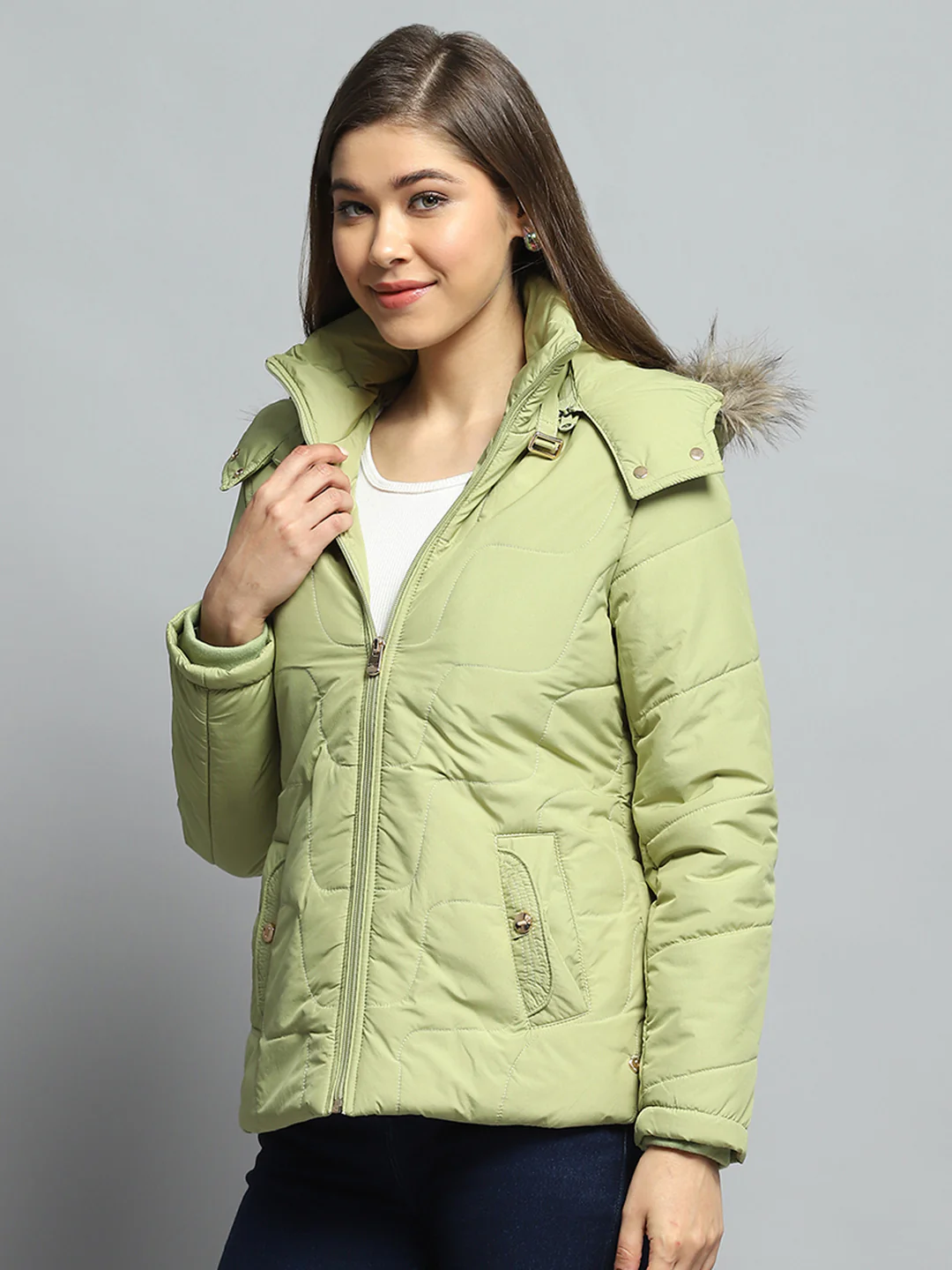 Women Green Self Design Detachable Hood Full Sleeve Jacket - Image 3