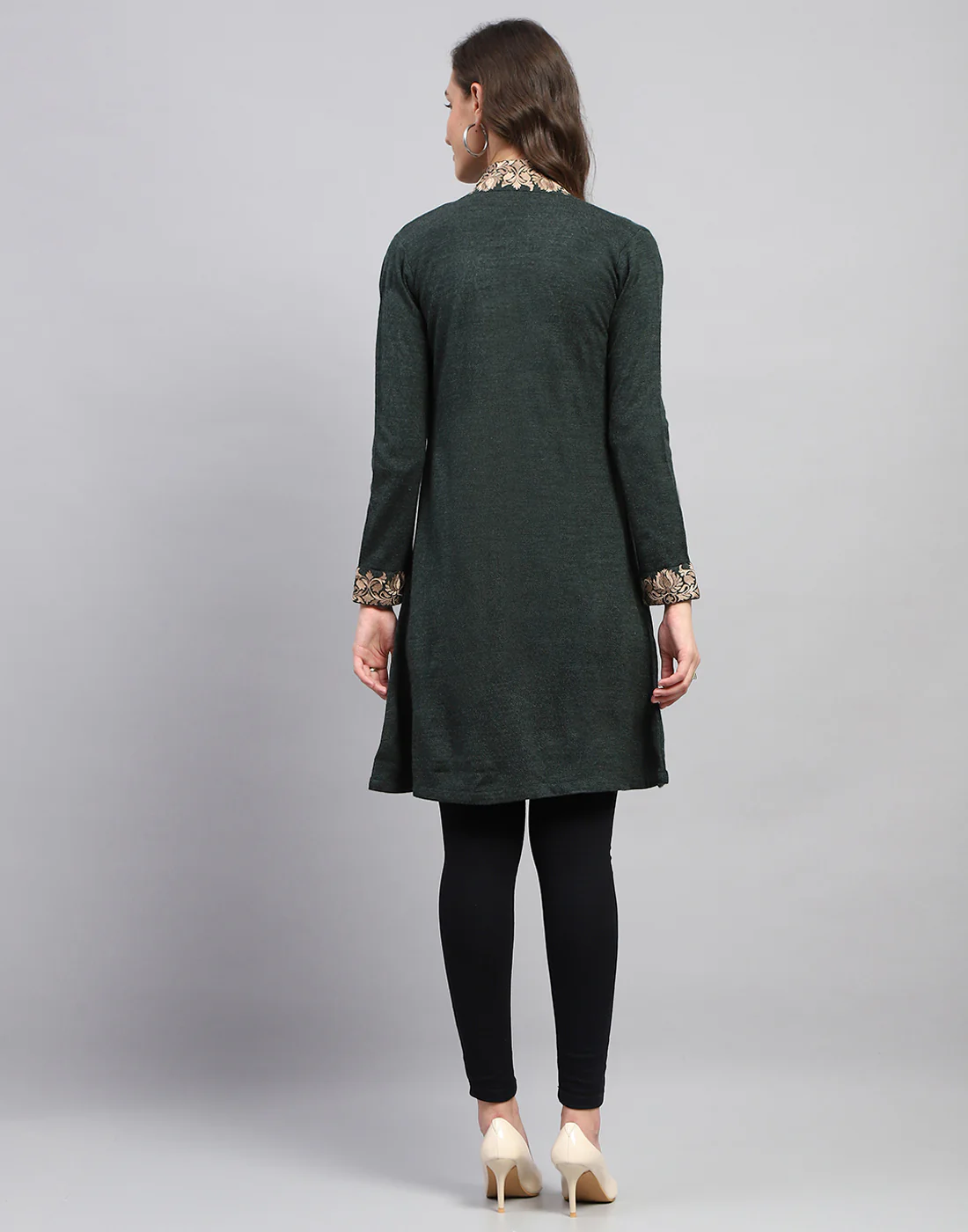 Women Green Self Design Front Open Full Sleeve Cardigan - Image 5