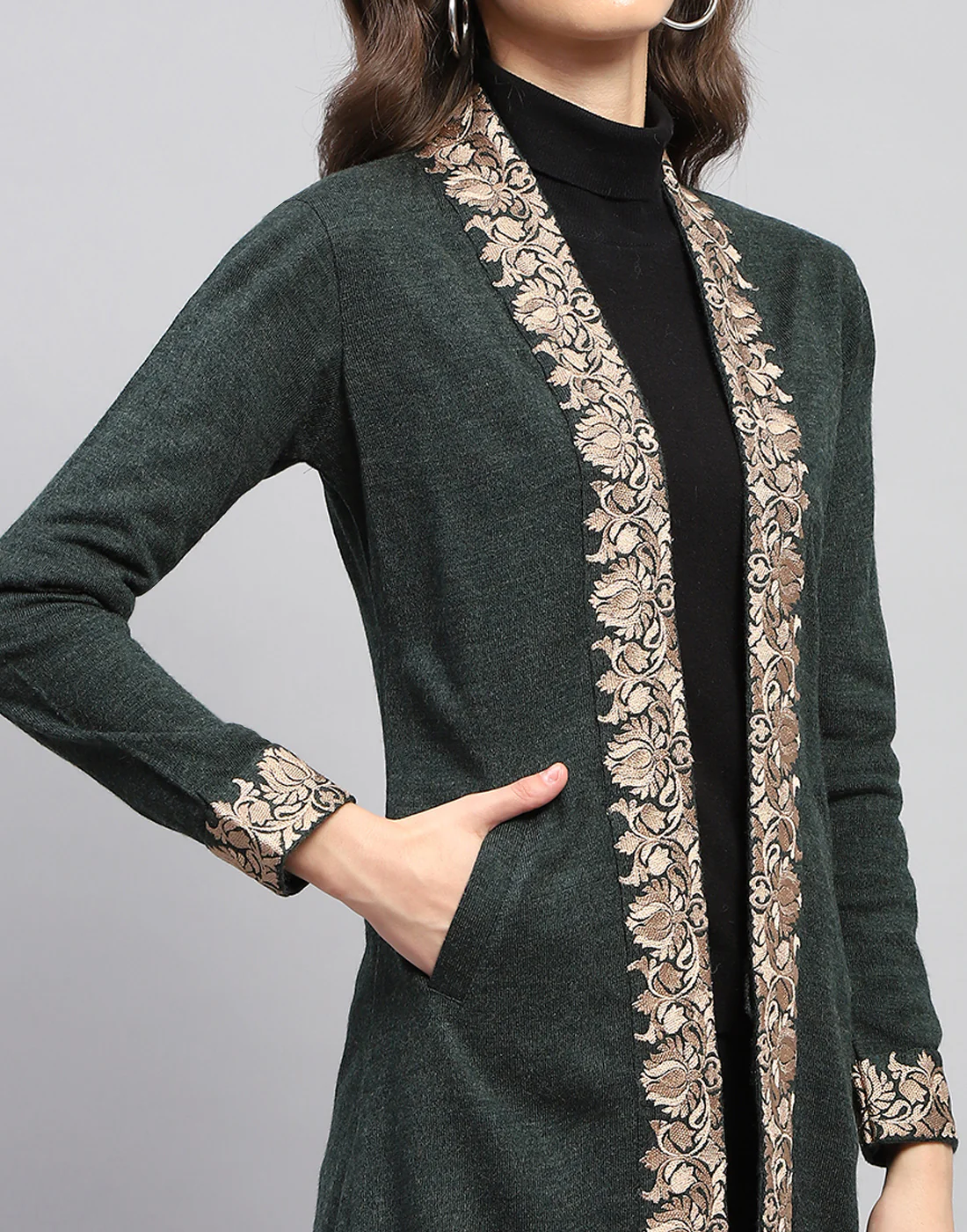 Women Green Self Design Front Open Full Sleeve Cardigan - Image 6