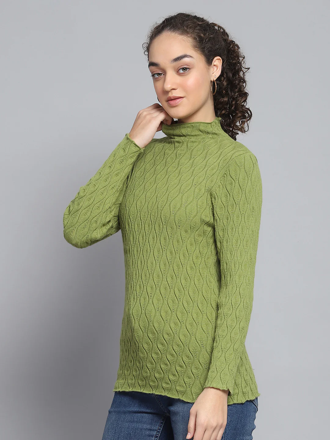 Women Green Self Design High Neck Full Sleeve Sceavy - Image 3