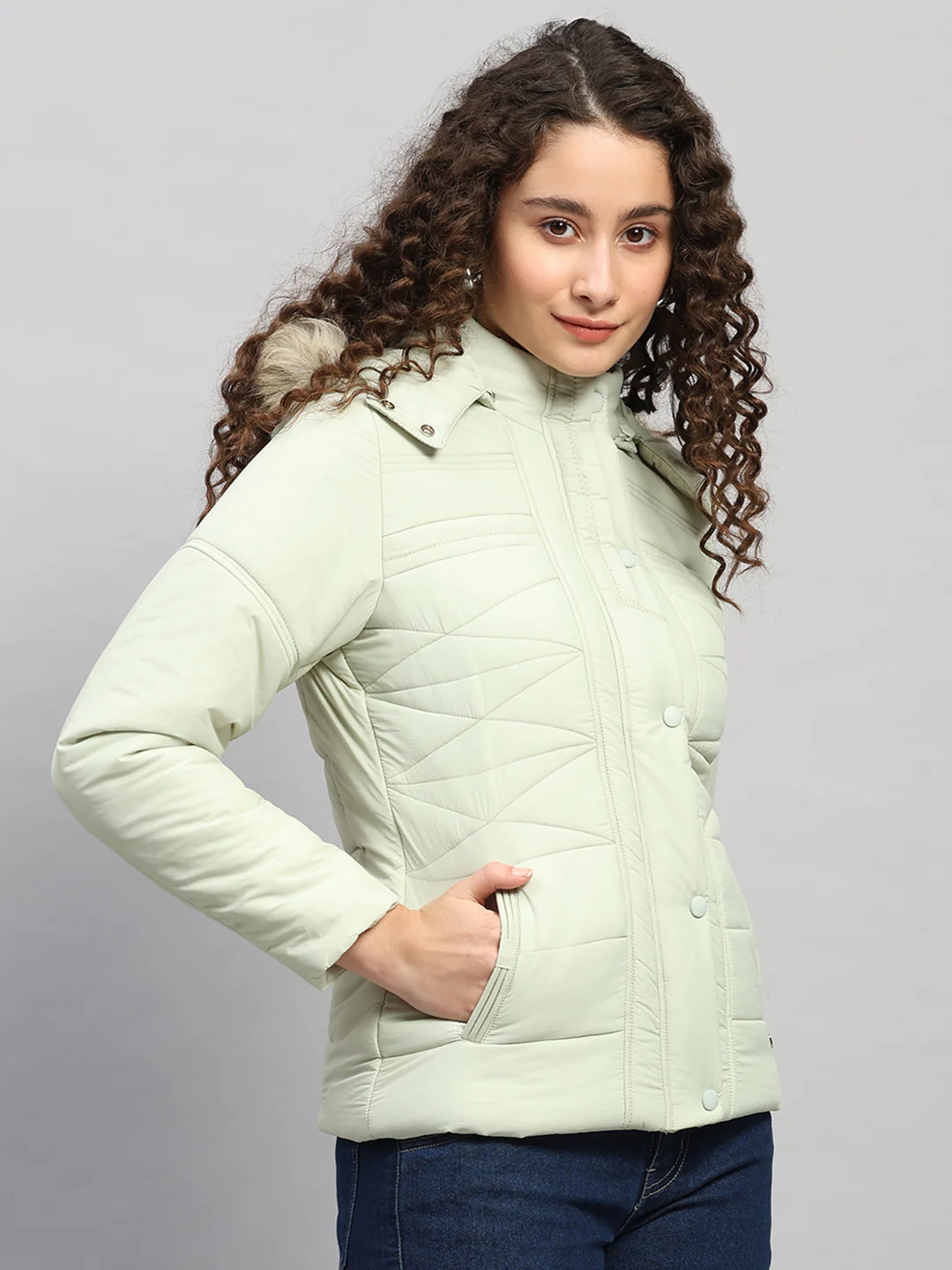 Women Green Self Design Hooded Full Sleeve Jacket - Image 4