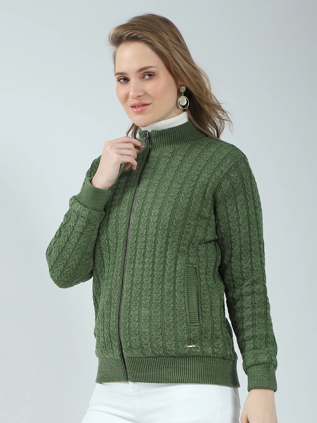 Women Green Self Design Mock Neck Full Sleeve Jacket - Image 3