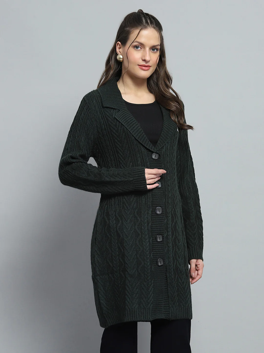 Women Green Self Design Notch Lapel Collar Full Sleeve Cardigan - Image 4