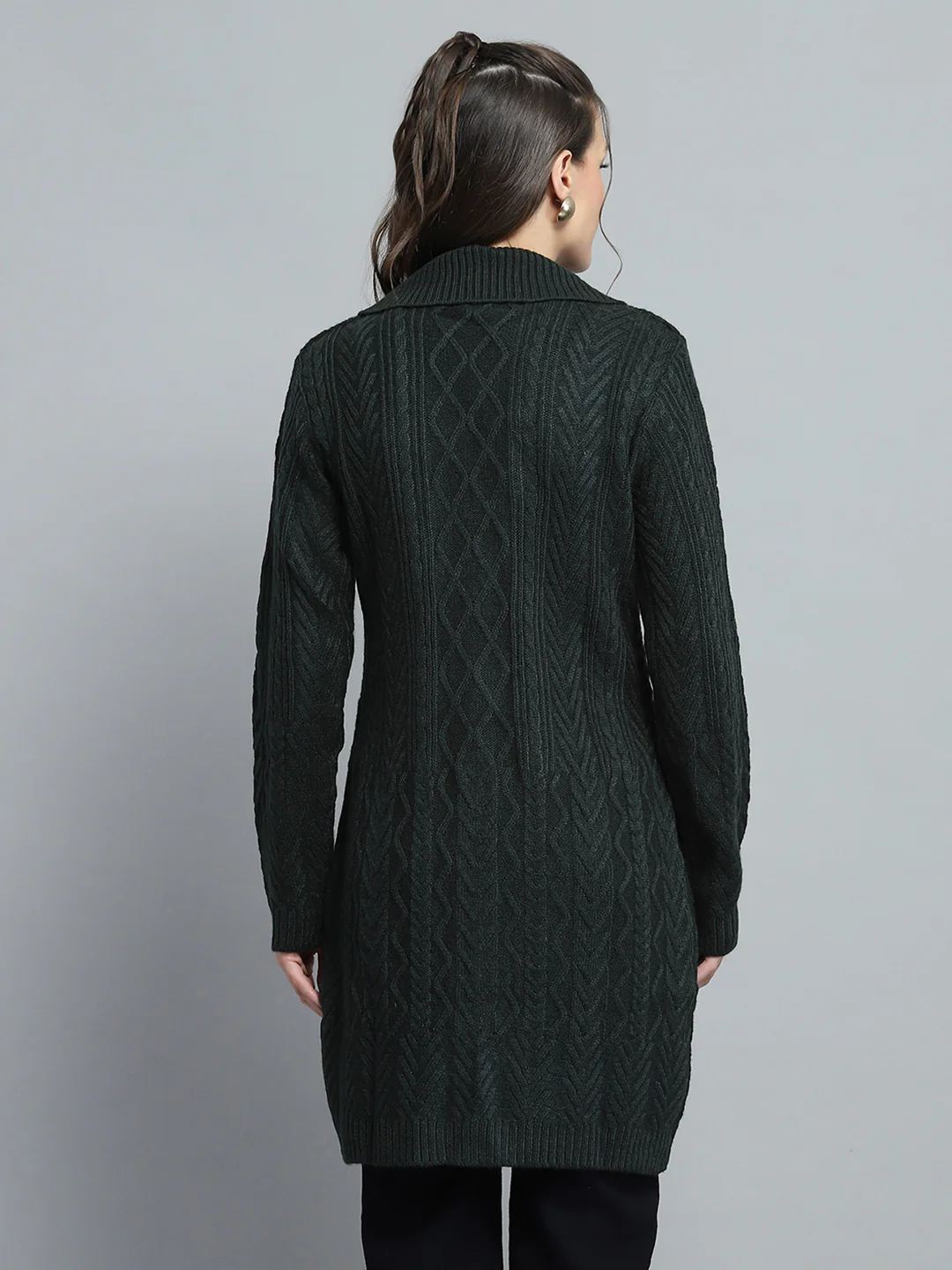Women Green Self Design Notch Lapel Collar Full Sleeve Cardigan - Image 5