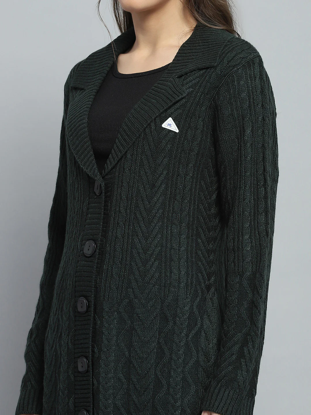 Women Green Self Design Notch Lapel Collar Full Sleeve Cardigan - Image 6