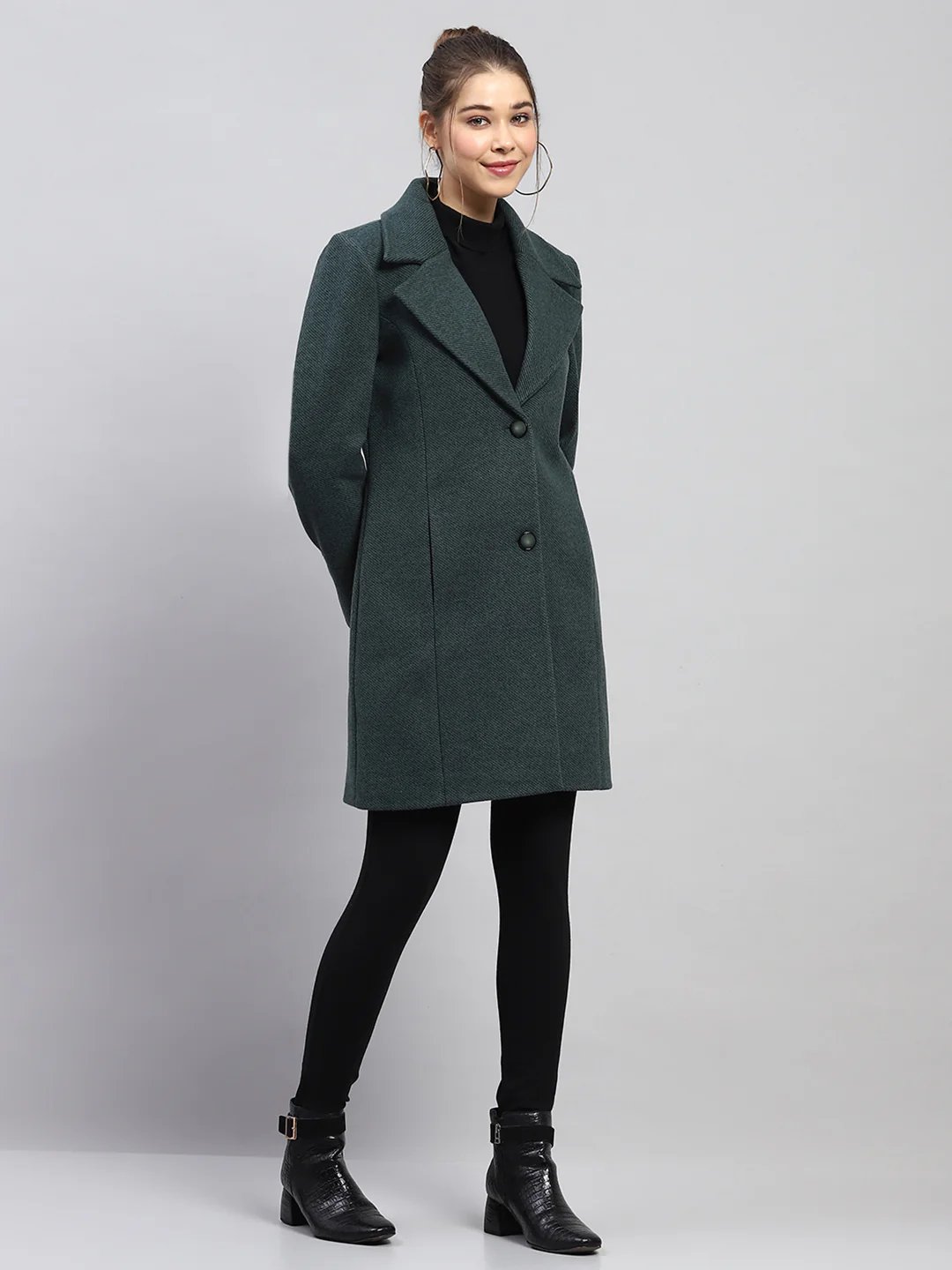 Women Green Self Design Notch lapel Collar Full Sleeve Coat - Image 4