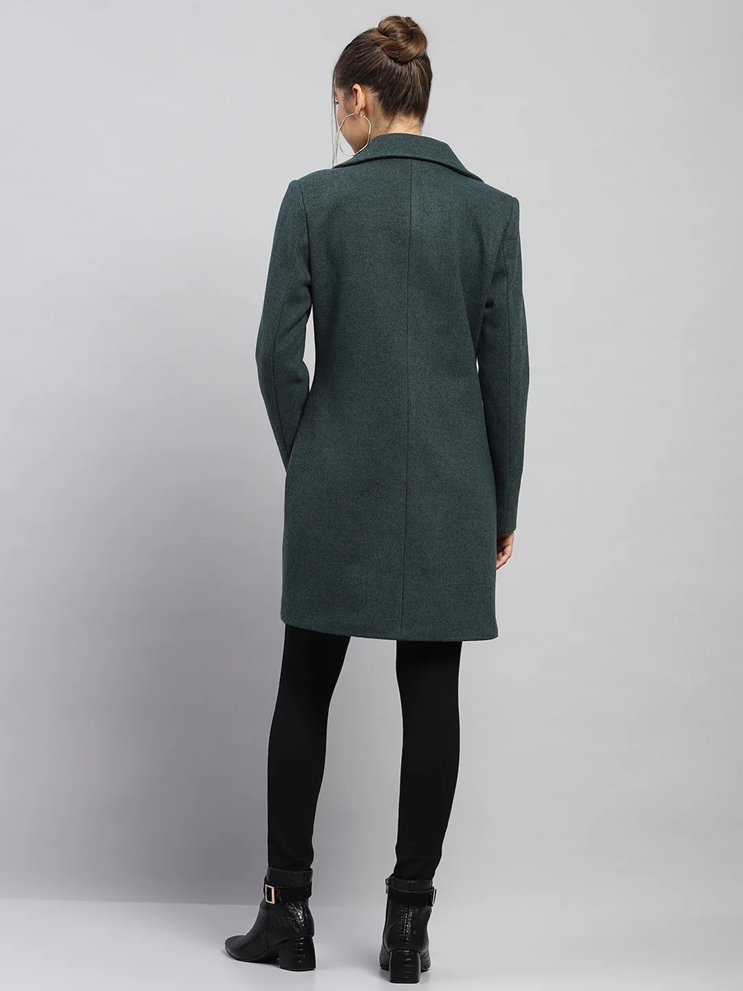 Women Green Self Design Notch lapel Collar Full Sleeve Coat - Image 5