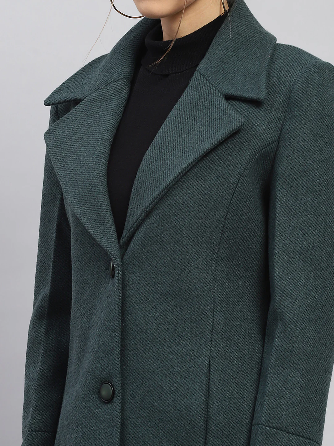 Women Green Self Design Notch lapel Collar Full Sleeve Coat - Image 7