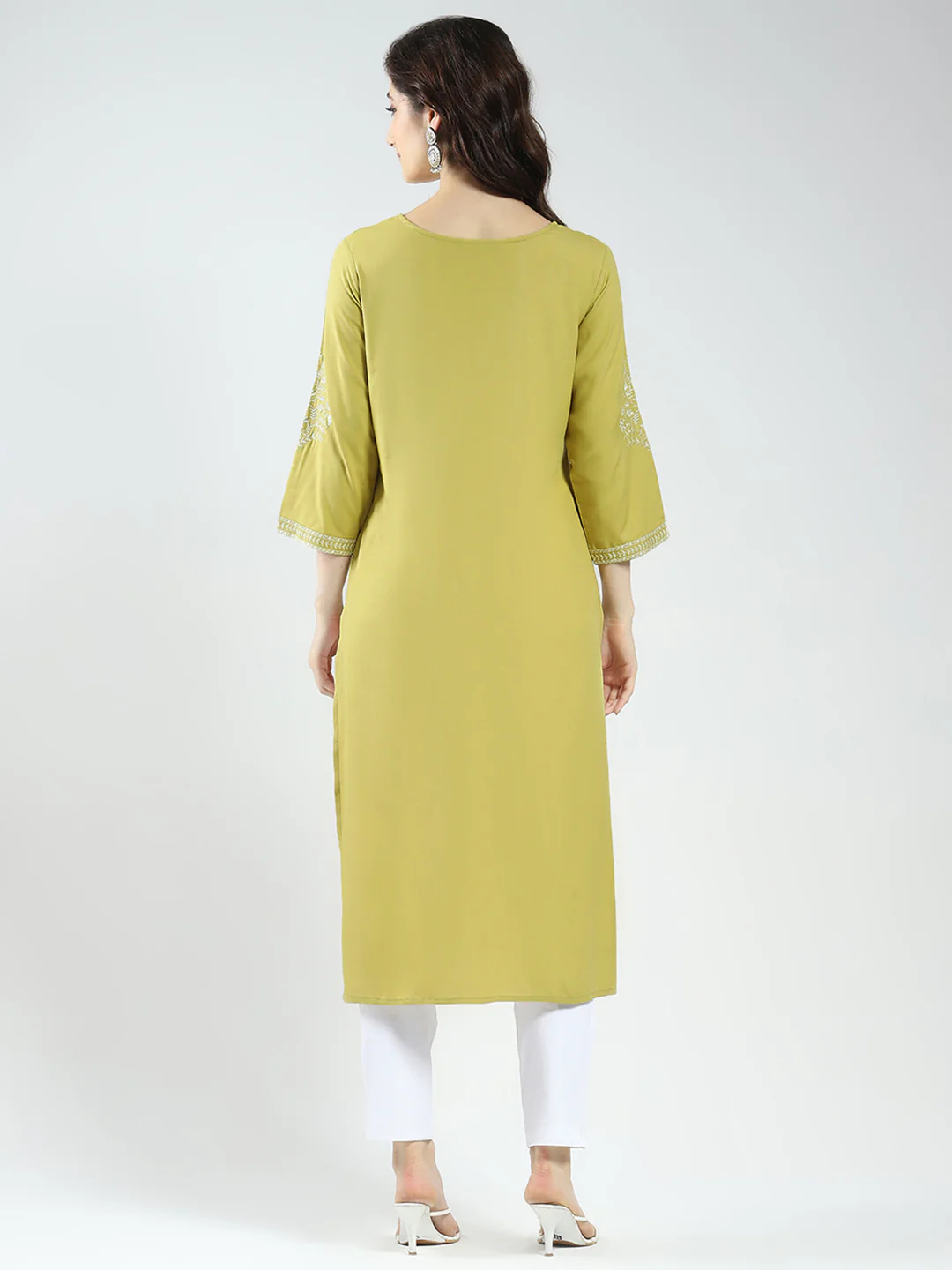 Women Green Self Design Round Neck 3/4th Sleeve Kurti - Image 3