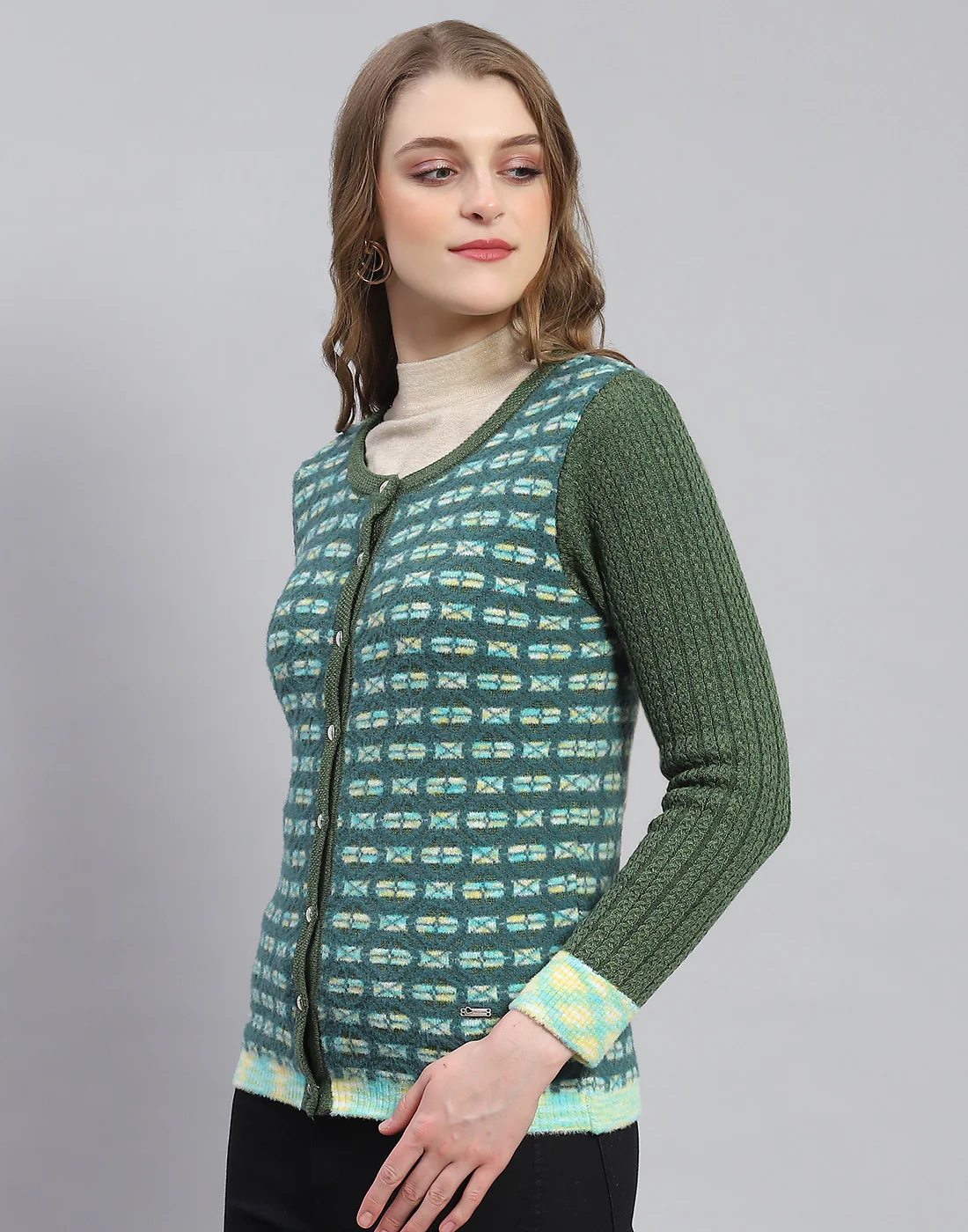 Women Green Self Design Round Neck Full Sleeve Cardigan - Image 3