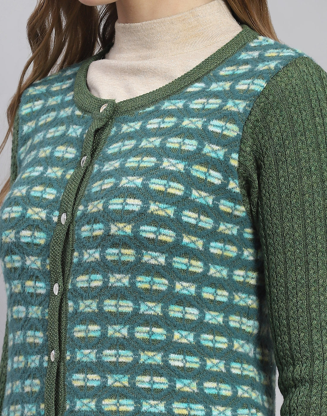 Women Green Self Design Round Neck Full Sleeve Cardigan - Image 7