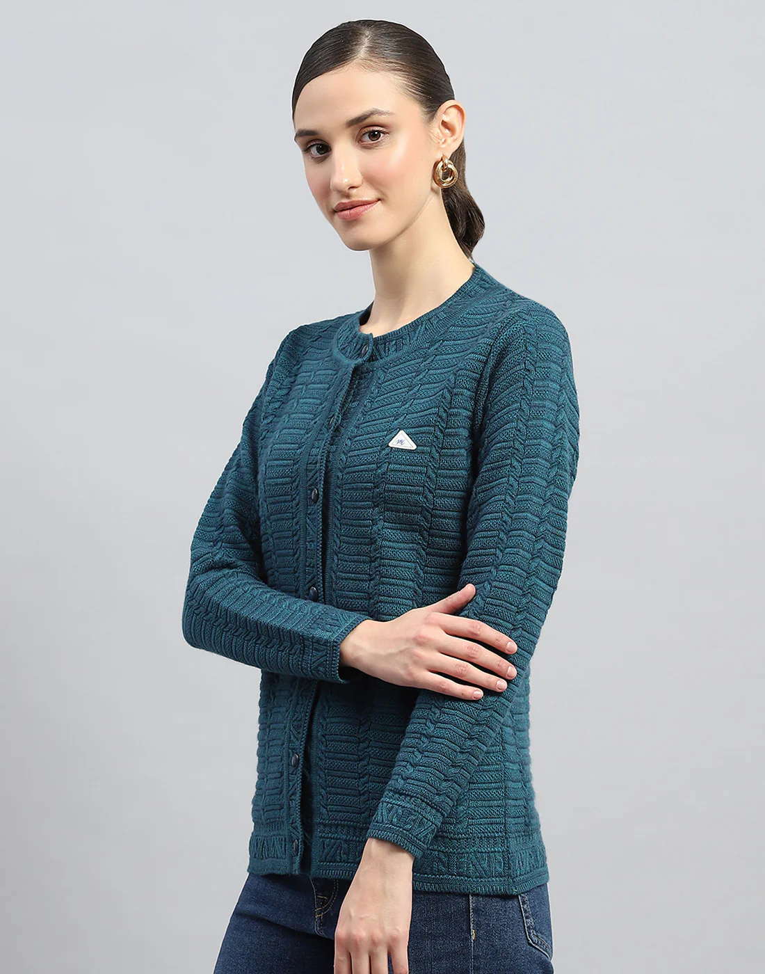 Women Green Self Design Round Neck Full Sleeve Cardigan - Image 3