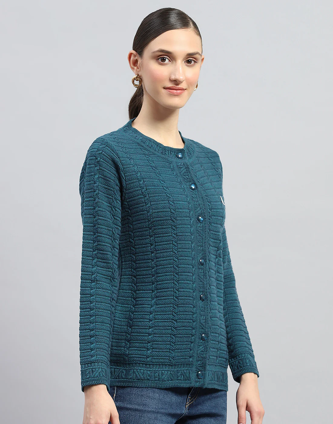 Women Green Self Design Round Neck Full Sleeve Cardigan - Image 4