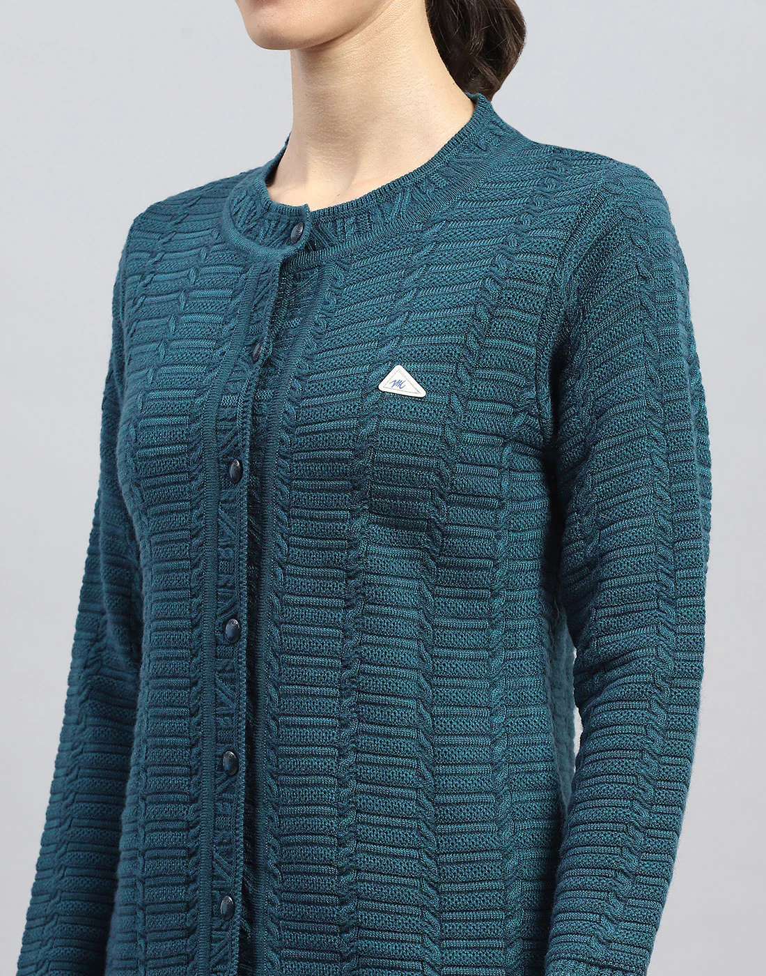 Women Green Self Design Round Neck Full Sleeve Cardigan - Image 6