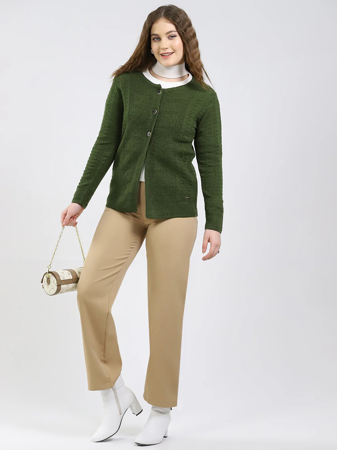 Women Green Self Design Round Neck Full Sleeve Cardigan - Image 2