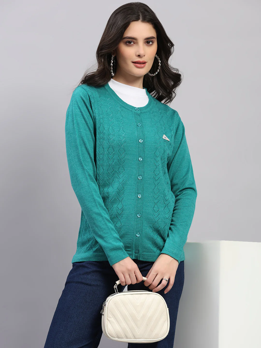 Women Green Self Design Round Neck Full Sleeve Cardigan - Image 6