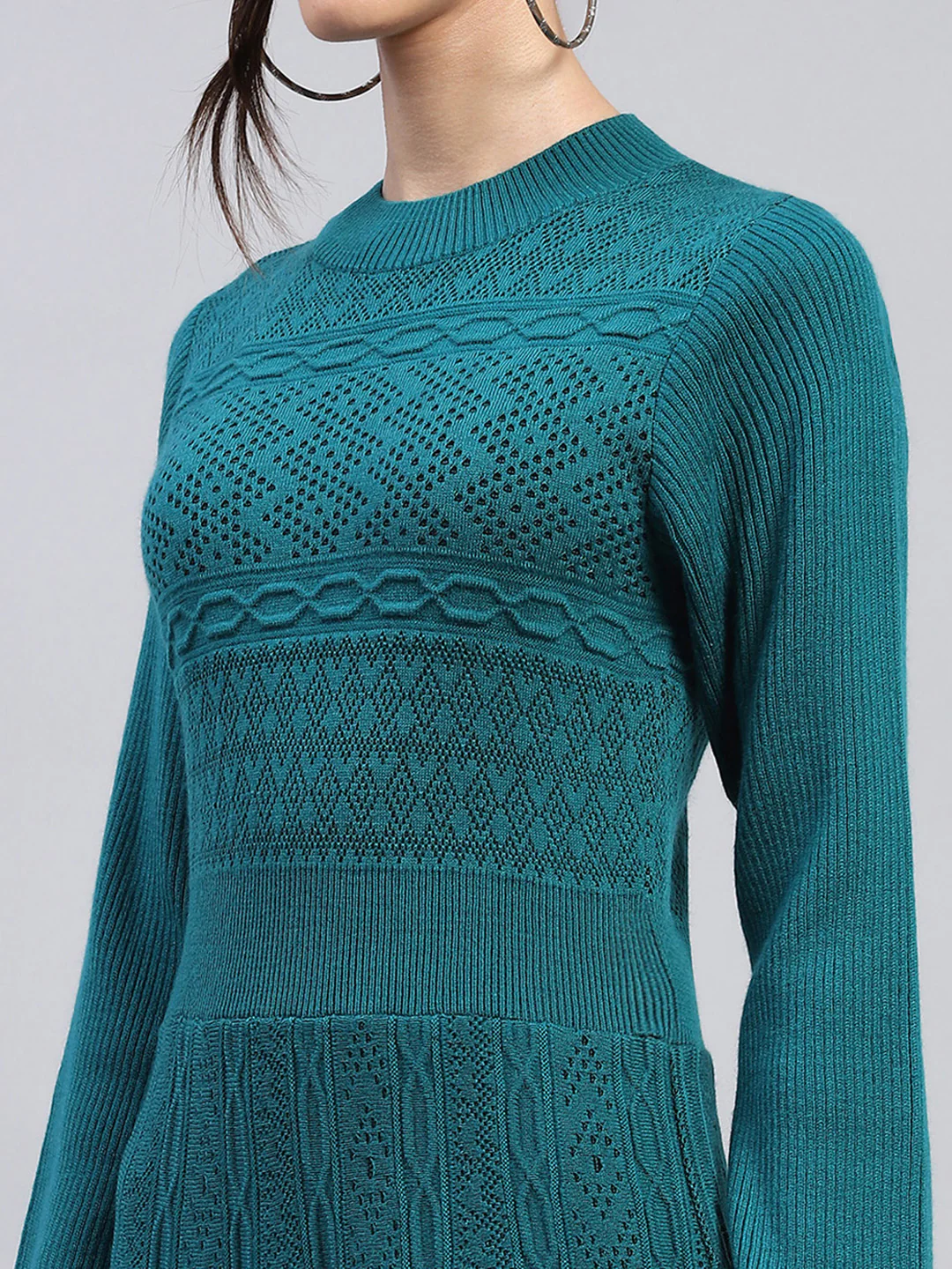 Women Green Self Design Round Neck Full Sleeve Dress - Image 6