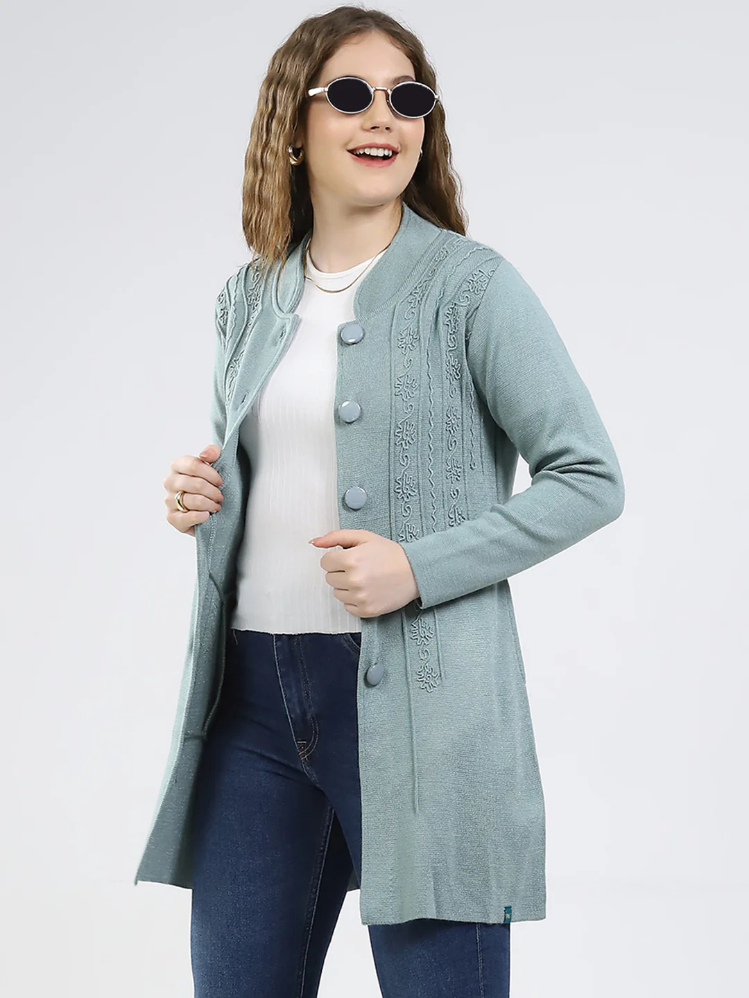 Women Green Self Design Round Neck Full Sleeve Knitted Coat - Image 6