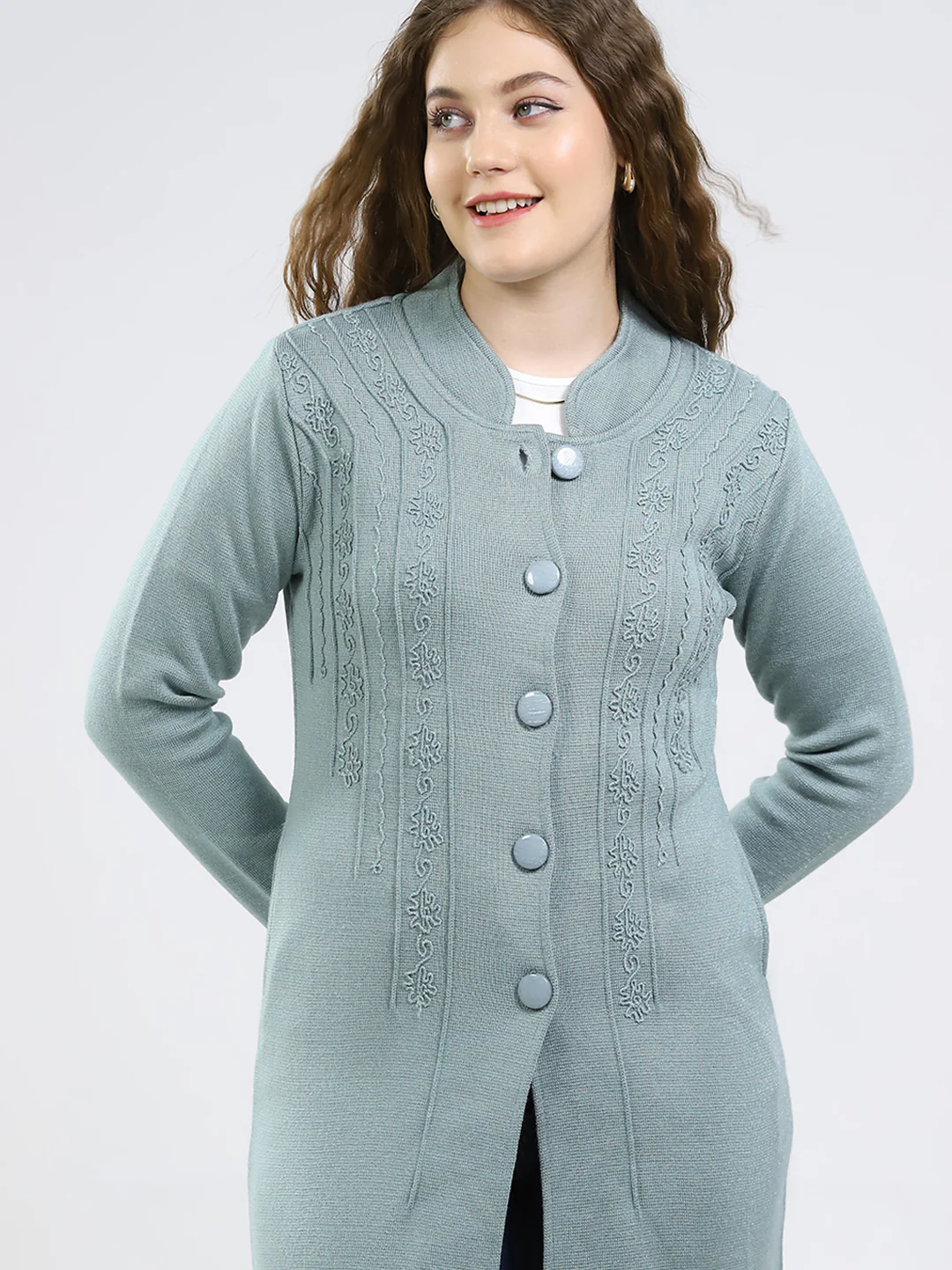 Women Green Self Design Round Neck Full Sleeve Knitted Coat - Image 7