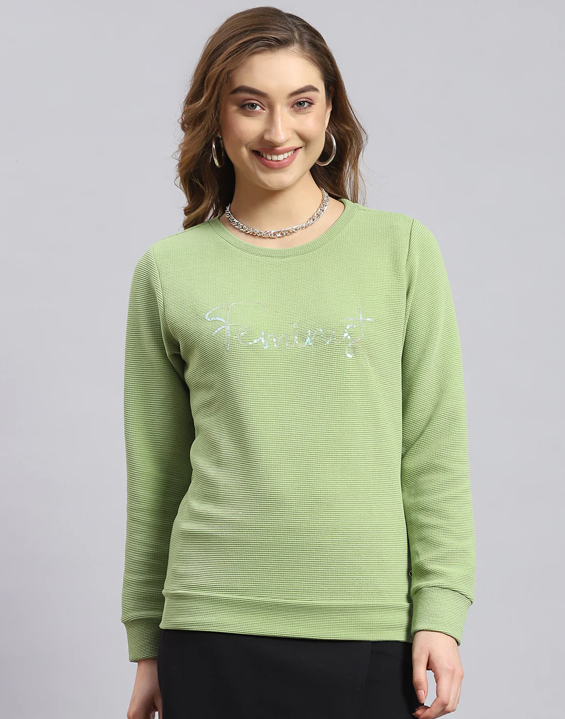 Women Green Self Design Round Neck Full Sleeve Sweatshirt - Image 2