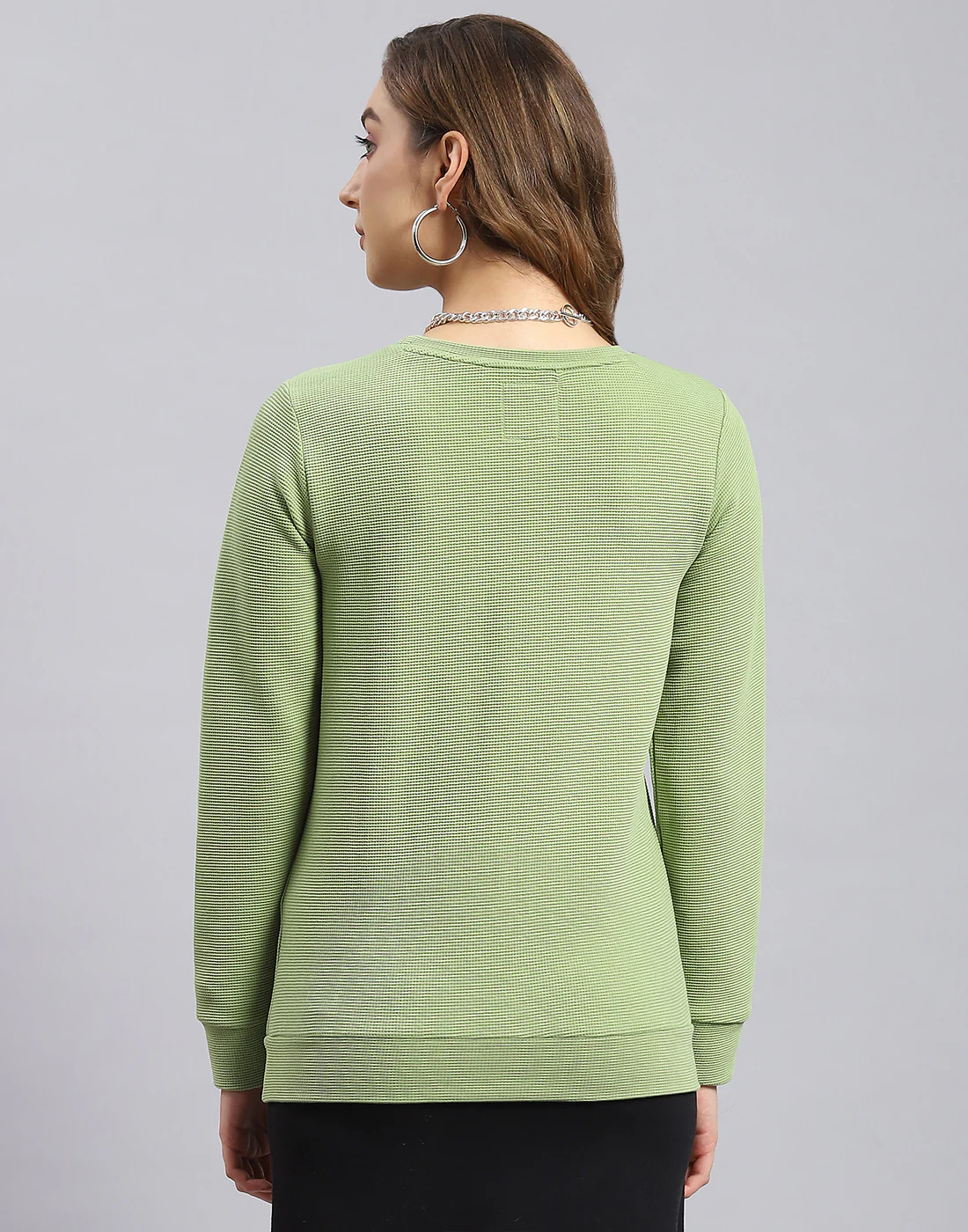 Women Green Self Design Round Neck Full Sleeve Sweatshirt - Image 5