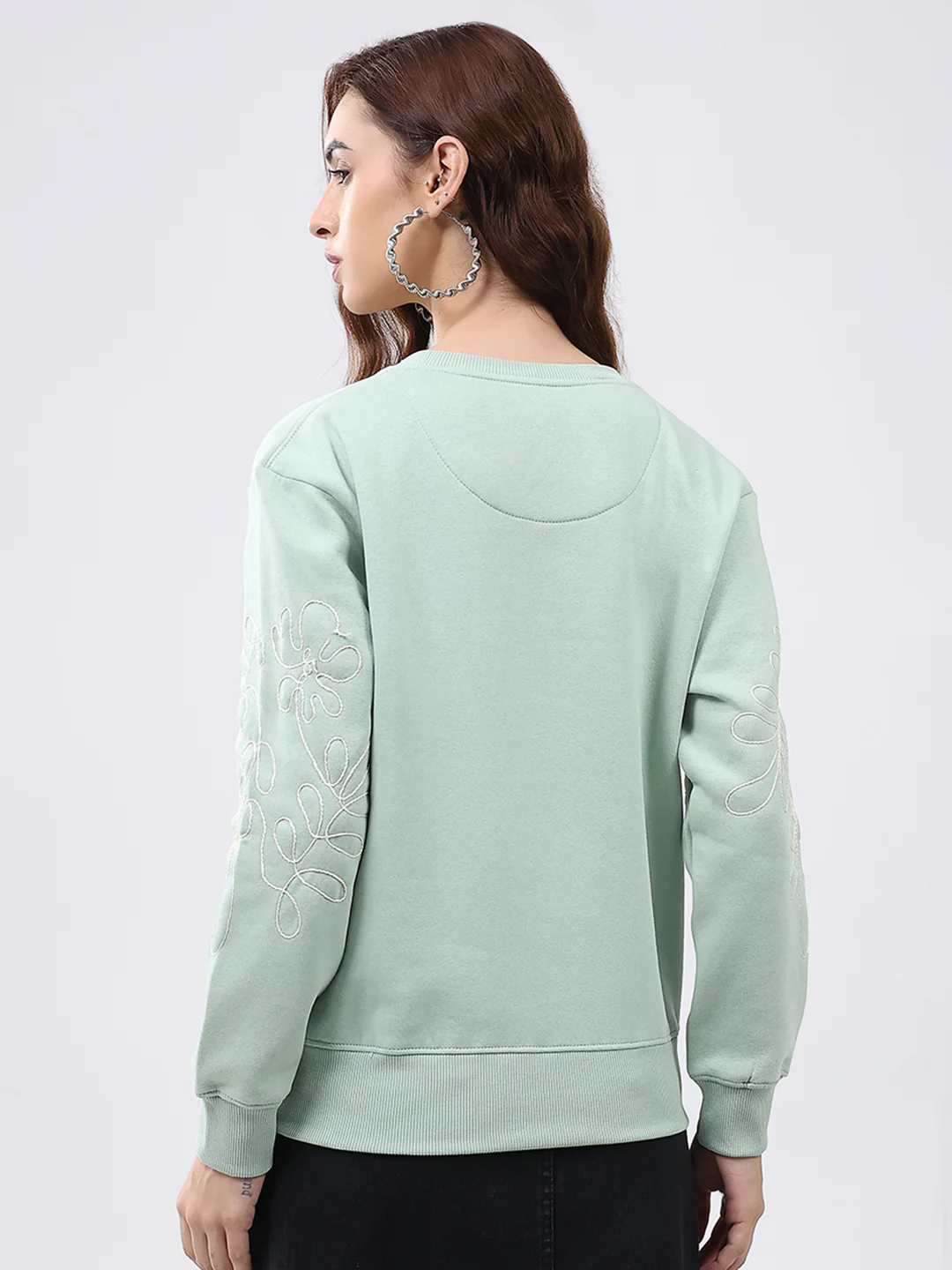 Women Green Self Design Round Neck Full Sleeve Sweatshirt - Image 5