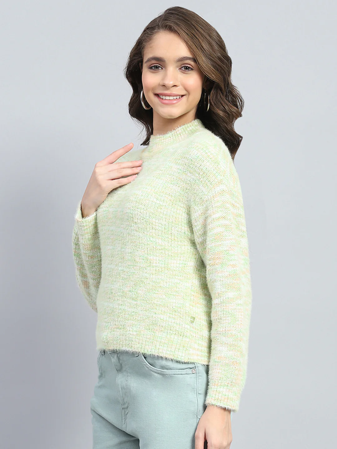 Women Green Self Design Round Neck Full Sleeve Winter Top - Image 3
