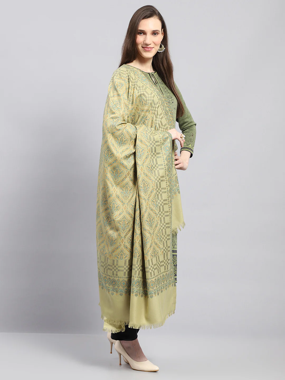Women Green Self Design Shawl - Image 4