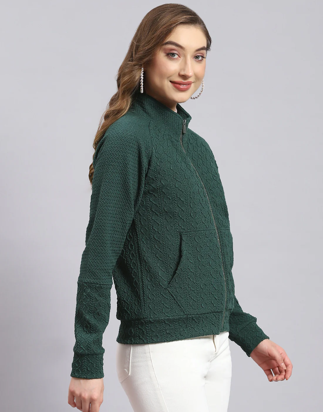Women Green Self Design Stand Collar Full Sleeve Sweatshirt - Image 4