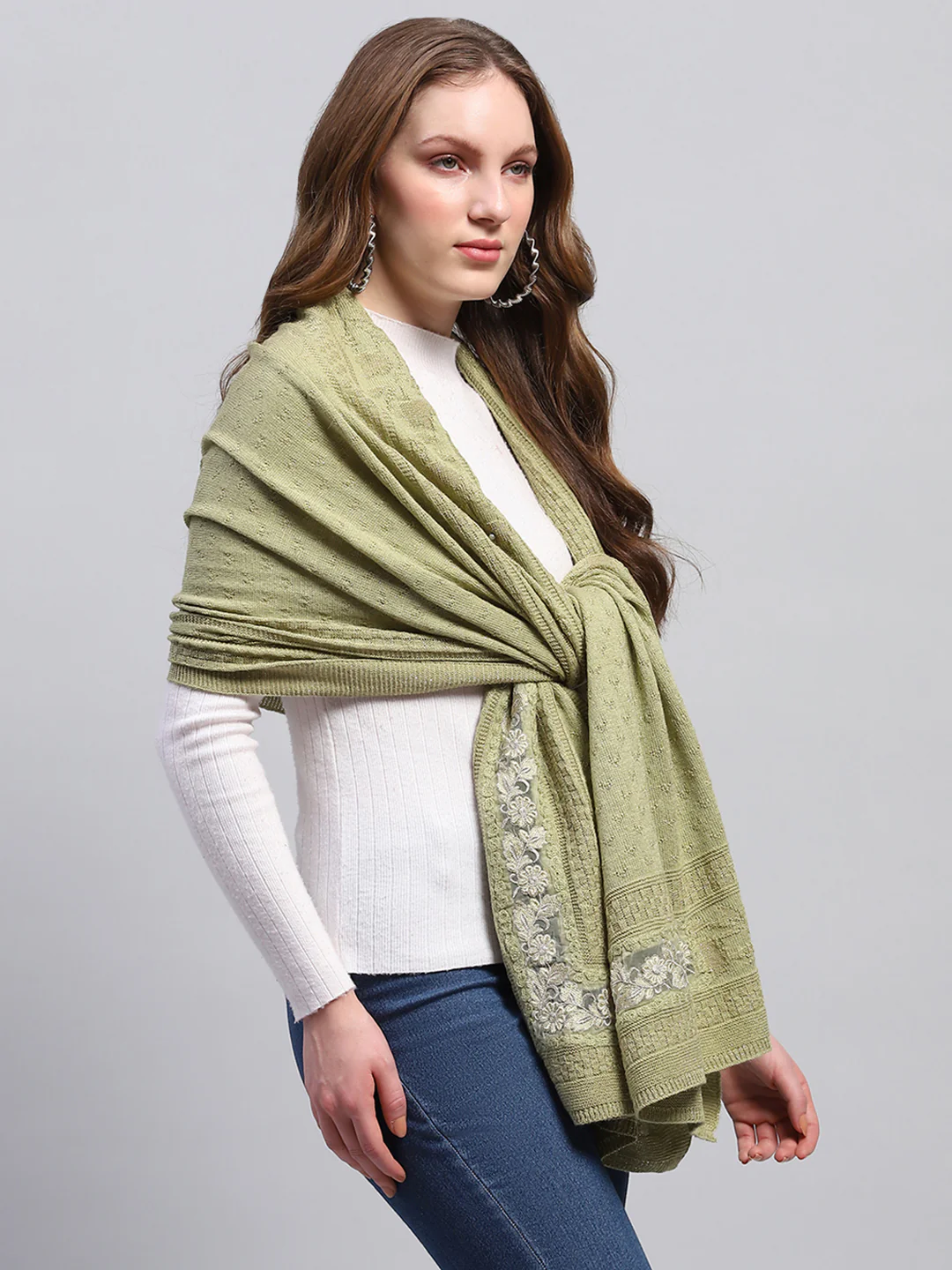 Women Green Self Design Stole - Image 5