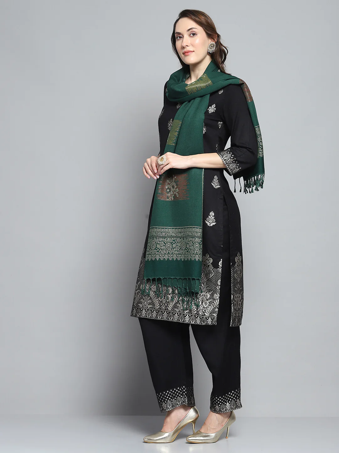 Women Green Self Design Stole - Image 3
