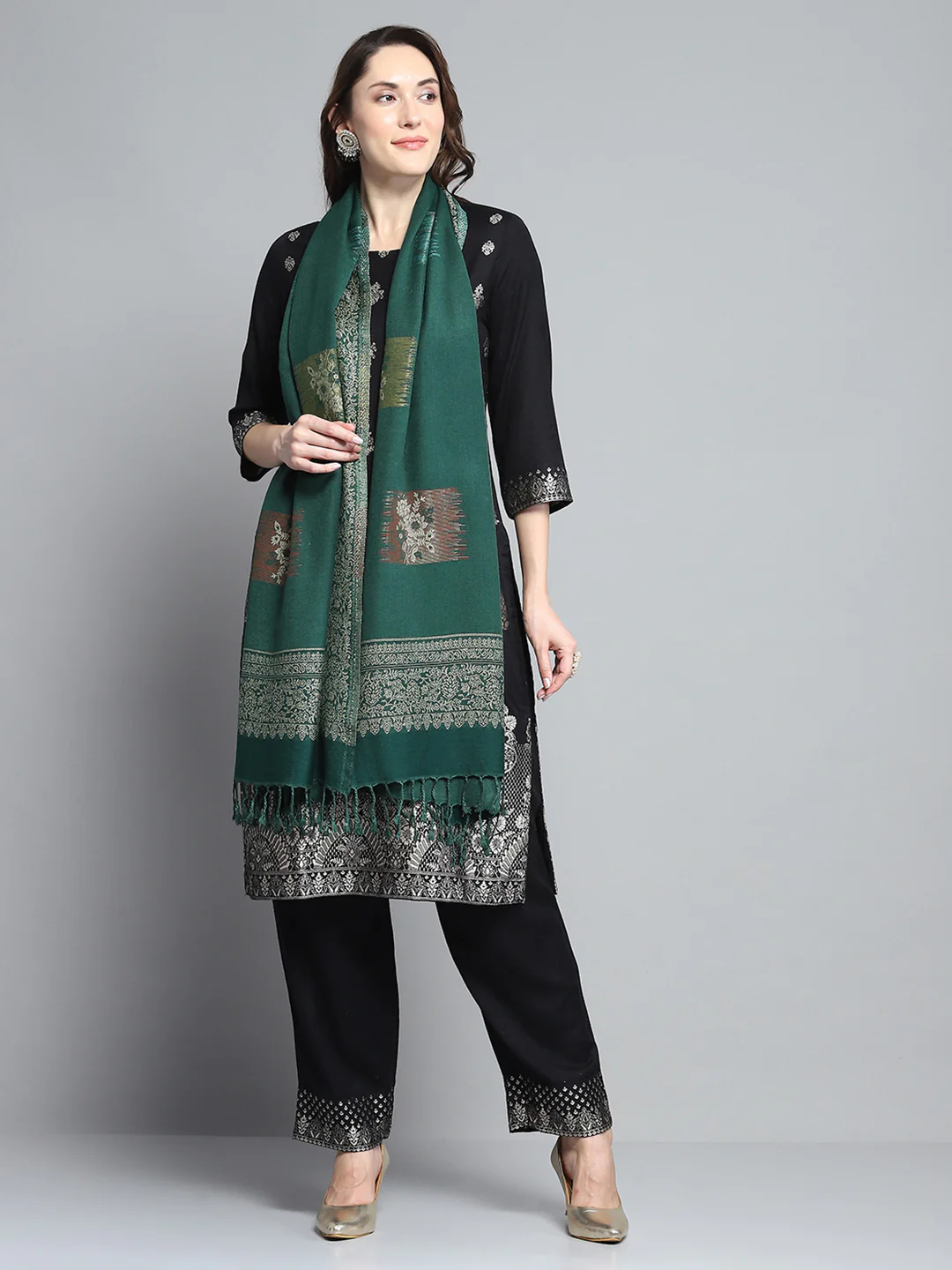 Women Green Self Design Stole - Image 5