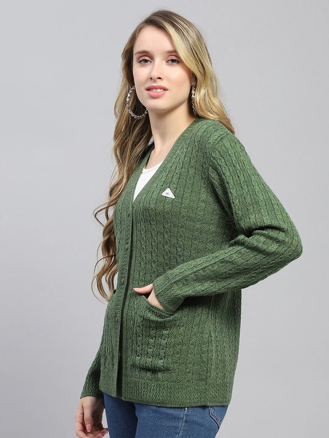 Women Green Self Design V Neck Full Sleeve Cardigan - Image 3