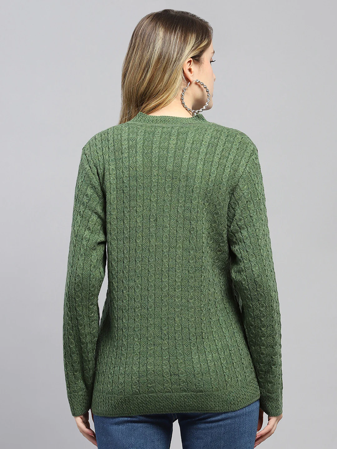 Women Green Self Design V Neck Full Sleeve Cardigan - Image 5