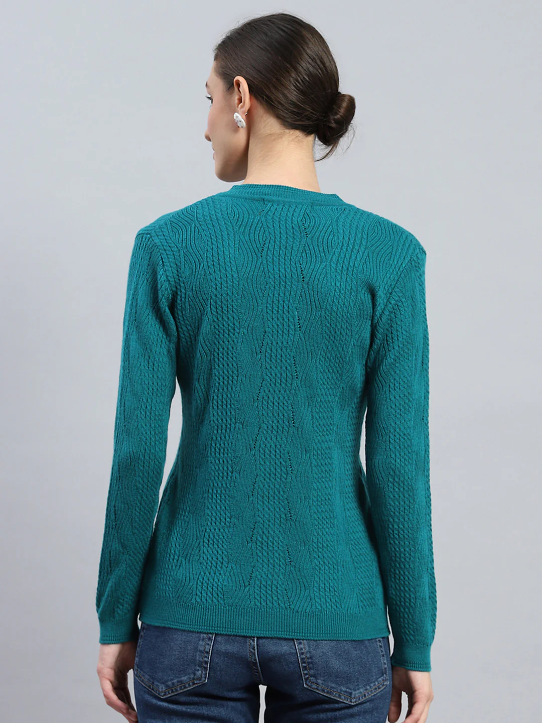 Women Green Self Design V Neck Full Sleeve Cardigan - Image 5