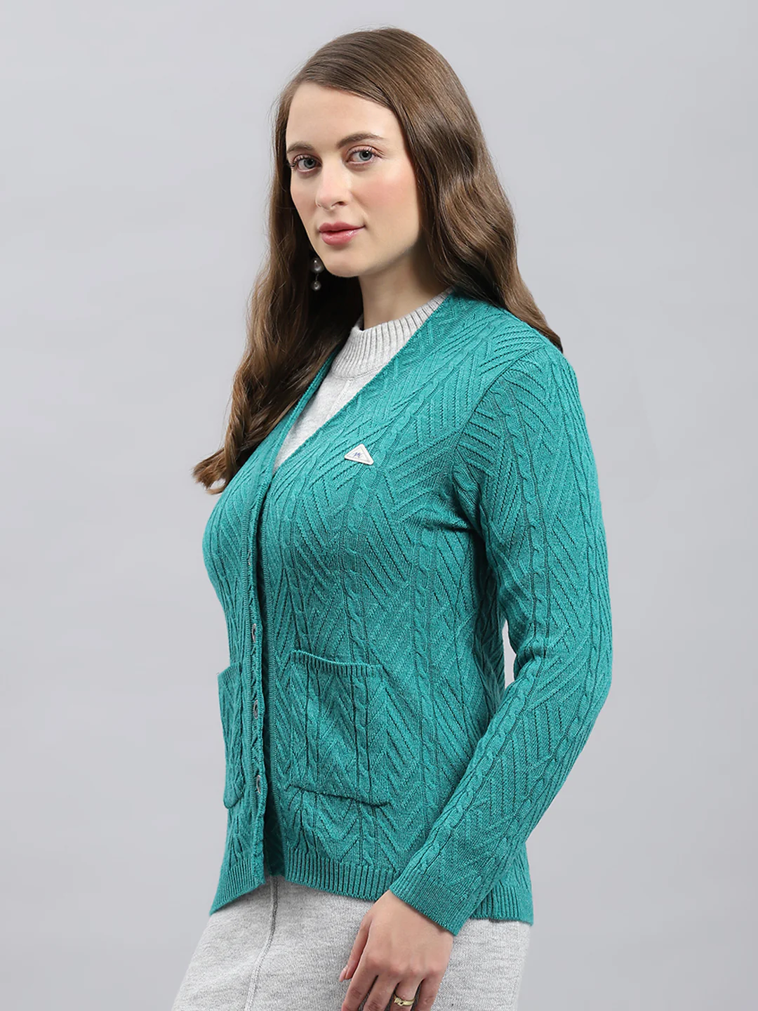Women Green Self Design V Neck Full Sleeve Cardigan - Image 3