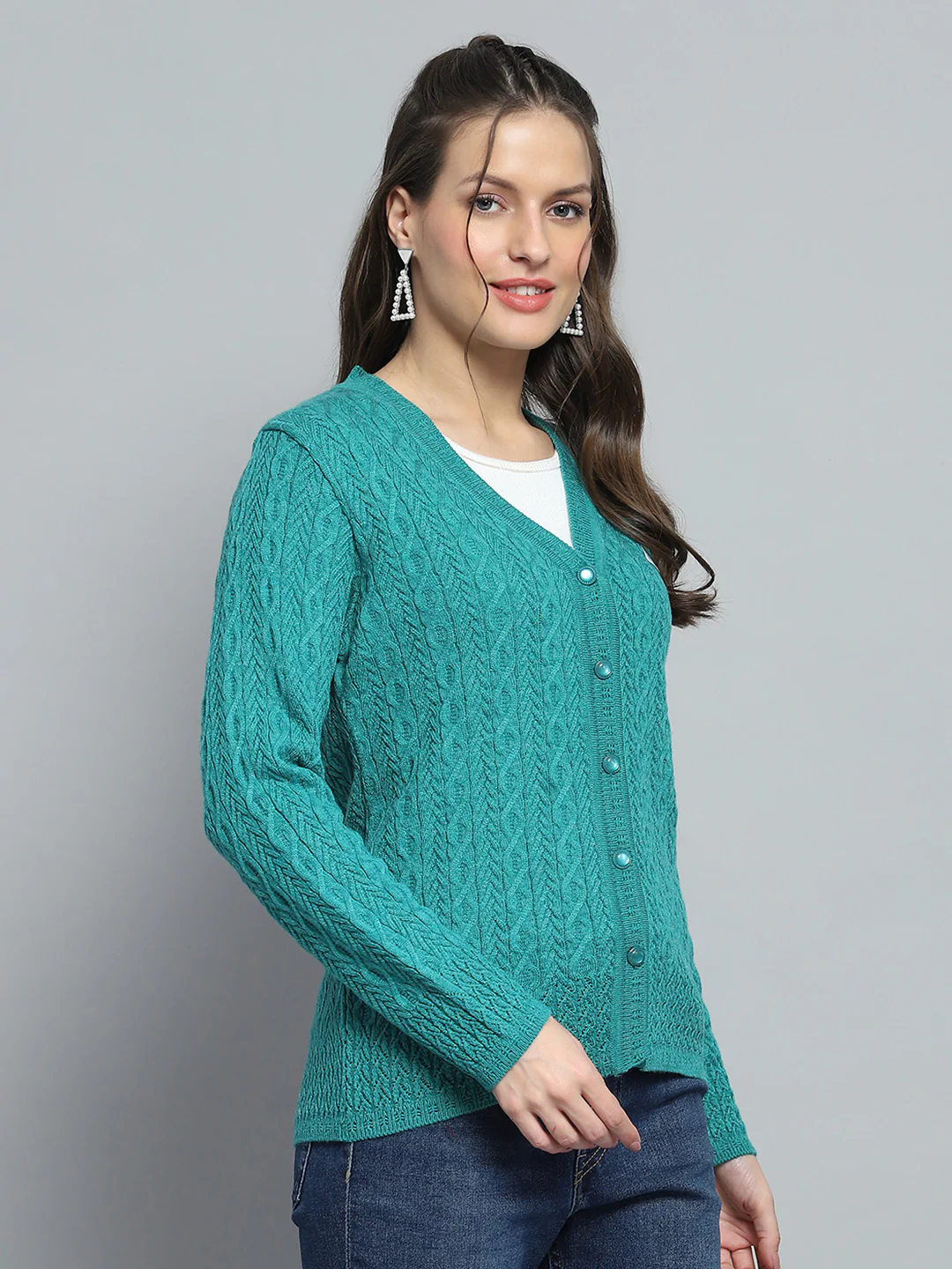 Women Green Self Design V Neck Full Sleeve Cardigan - Image 4