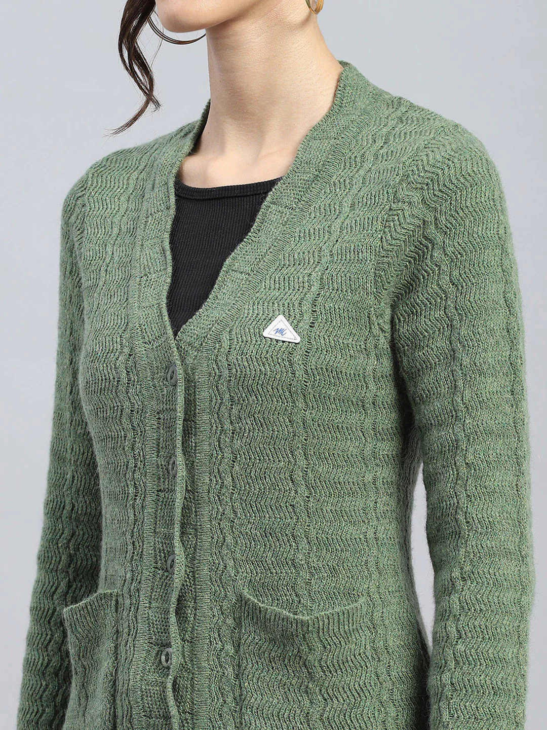 Women Green Self Design V Neck Full Sleeve Cardigan - Image 6