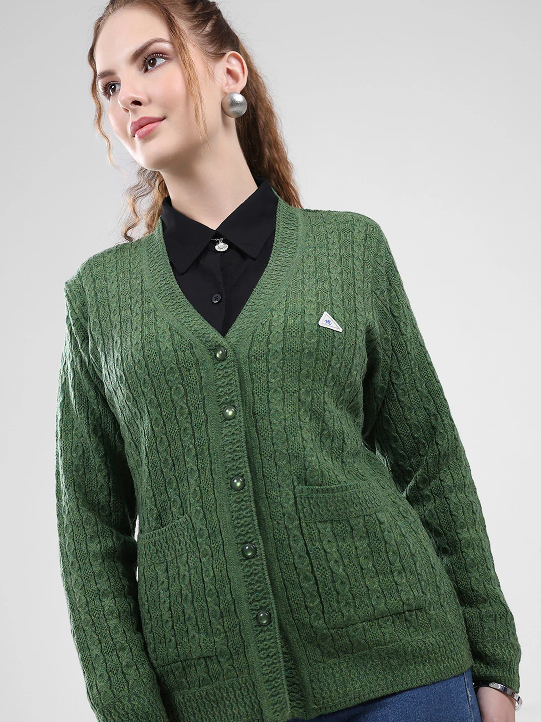 Women Green Self Design V Neck Full Sleeve Cardigan - Image 6