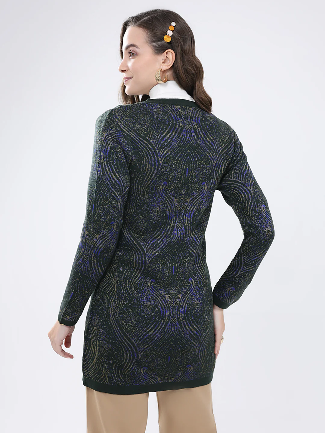 Women Green Self Design Round Neck Full Sleeve Cardigan - Image 5