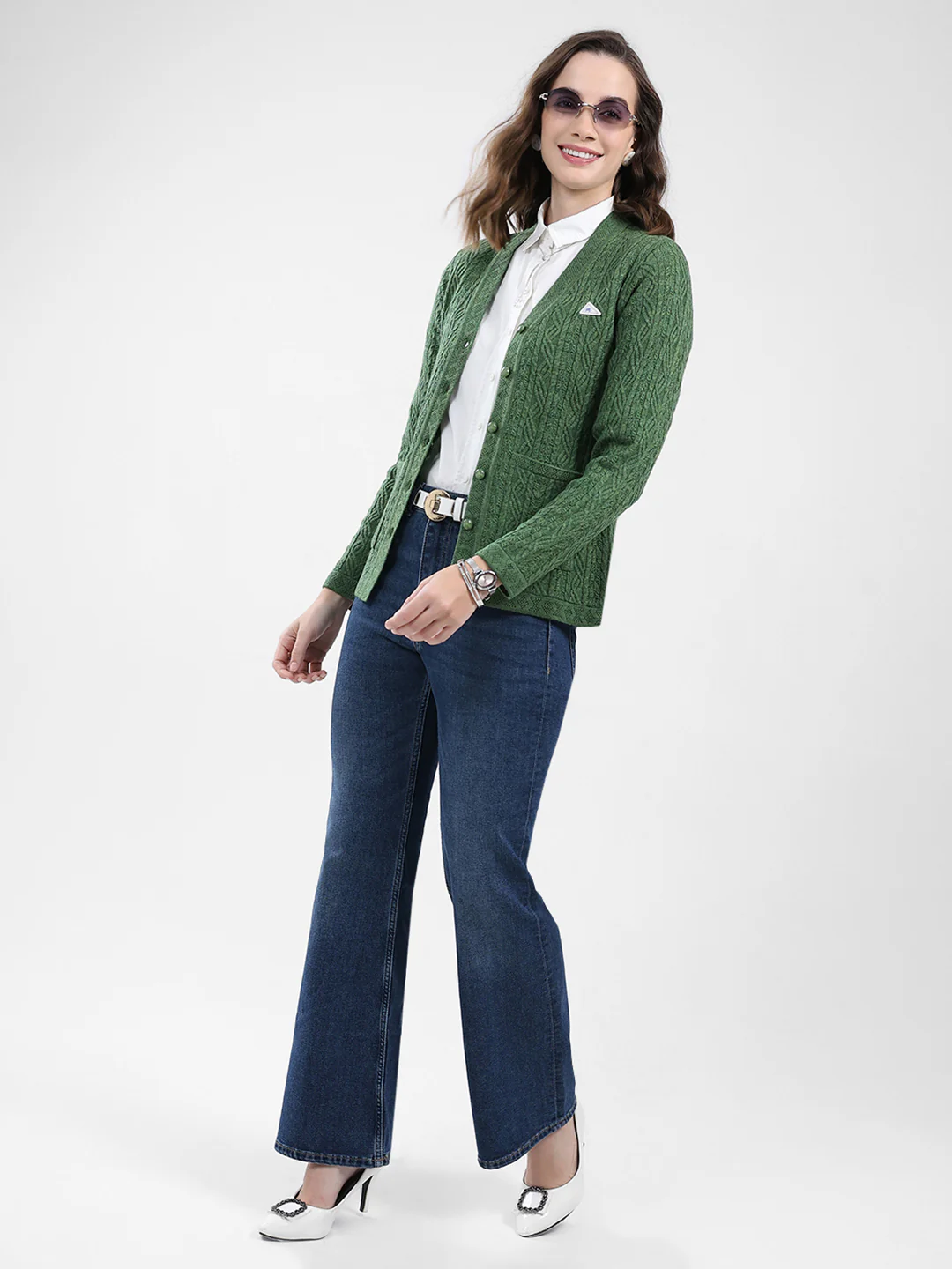 Women Green Self Design V Neck Full Sleeve Cardigan - Image 2